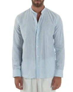 Camicia Uomo Lino Riga Sottile Collo Coreano Celeste C3024A