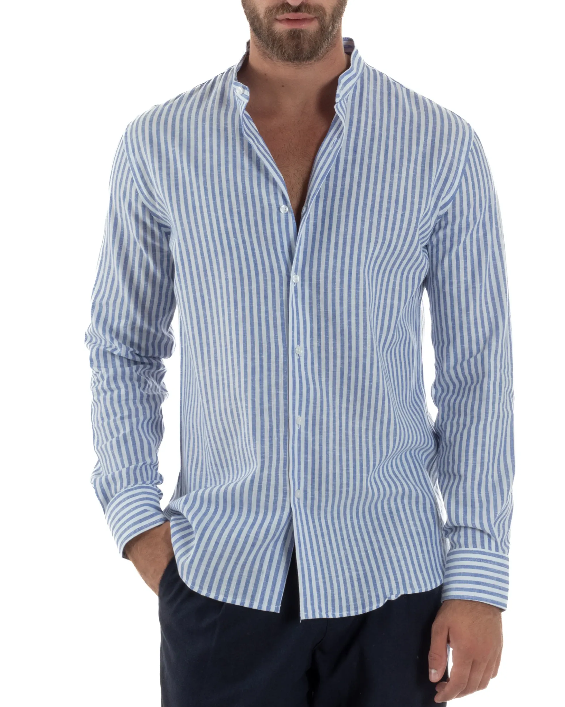 Camicia Uomo Lino Riga Sottile Collo Coreano Blu C3021A