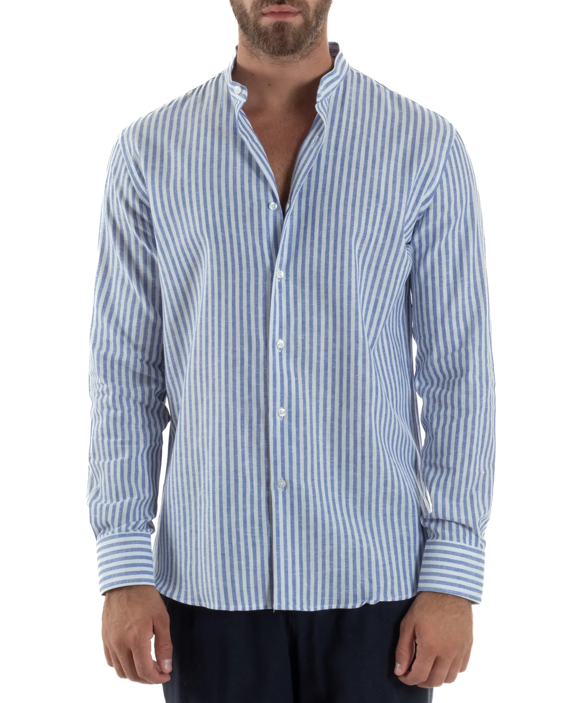 Camicia Uomo Lino Riga Sottile Collo Coreano Blu C3021A