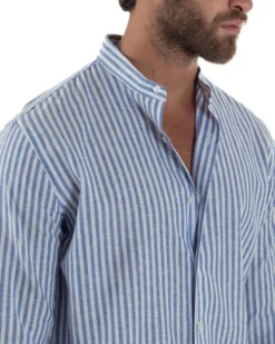 Camicia Uomo Lino Riga Sottile Collo Coreano Blu C3021A
