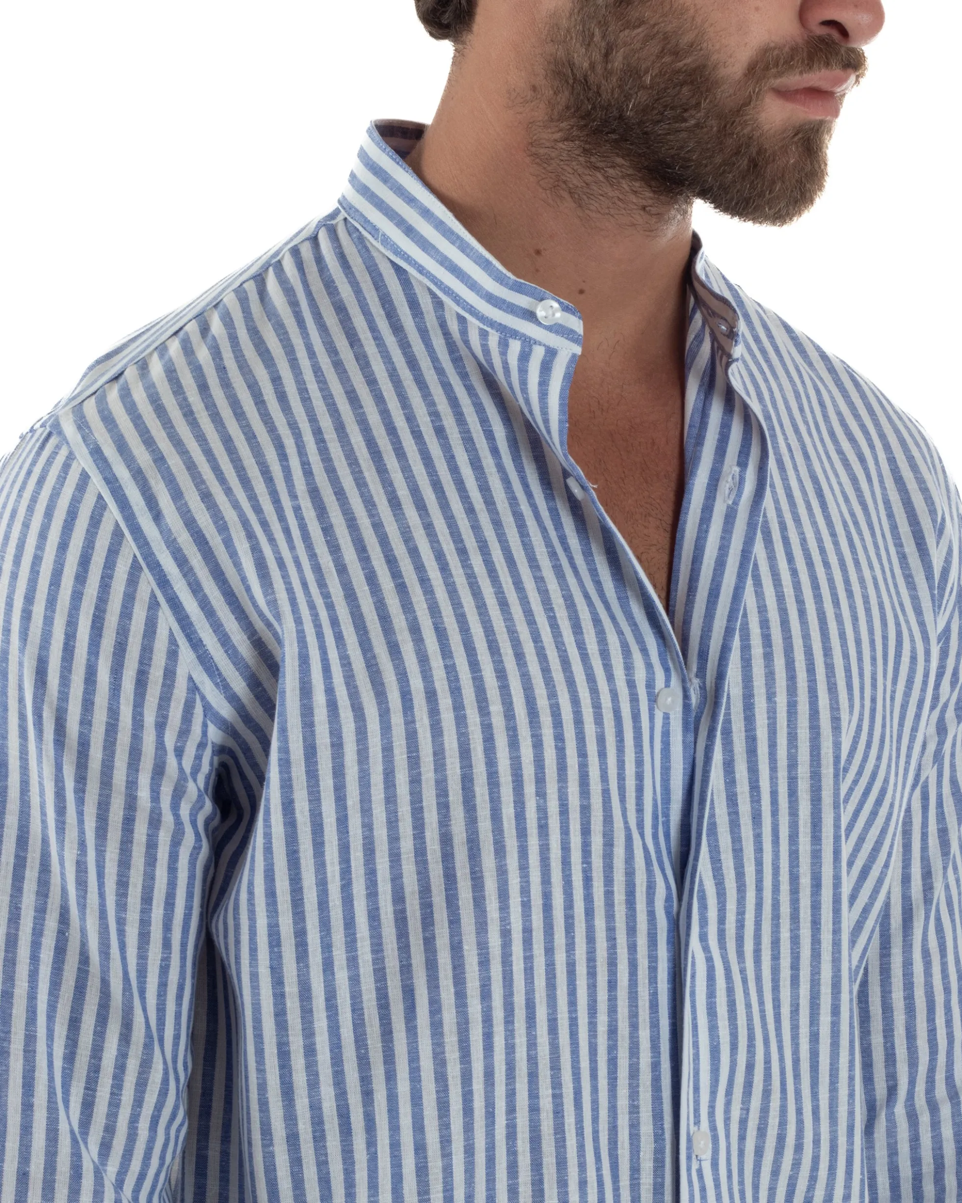 Camicia Uomo Lino Riga Sottile Collo Coreano Blu C3021A