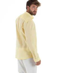Camicia Uomo Lino Sartoriale Collo Coreano Melangiata Giallo C3007A