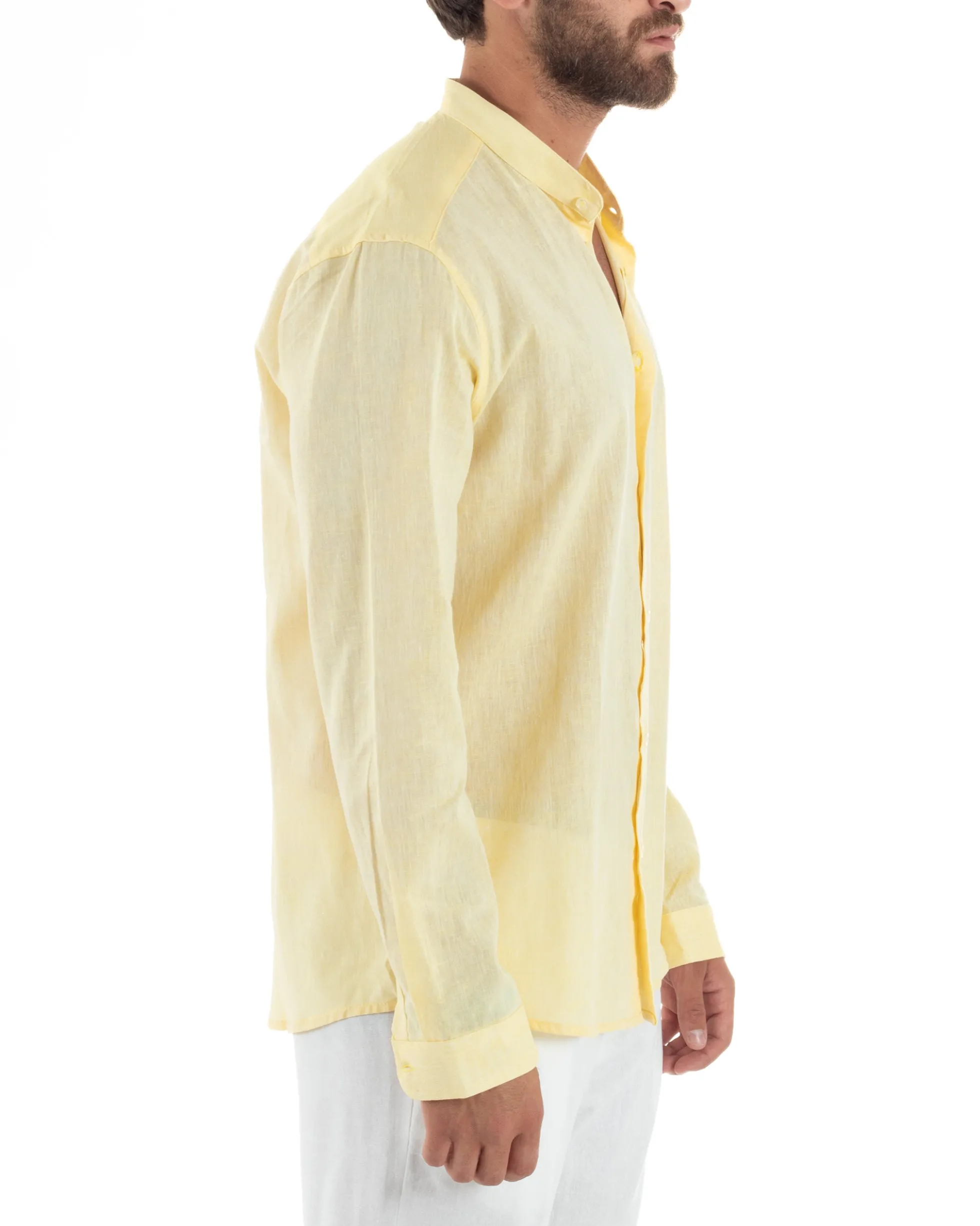Camicia Uomo Lino Sartoriale Collo Coreano Melangiata Giallo C3007A