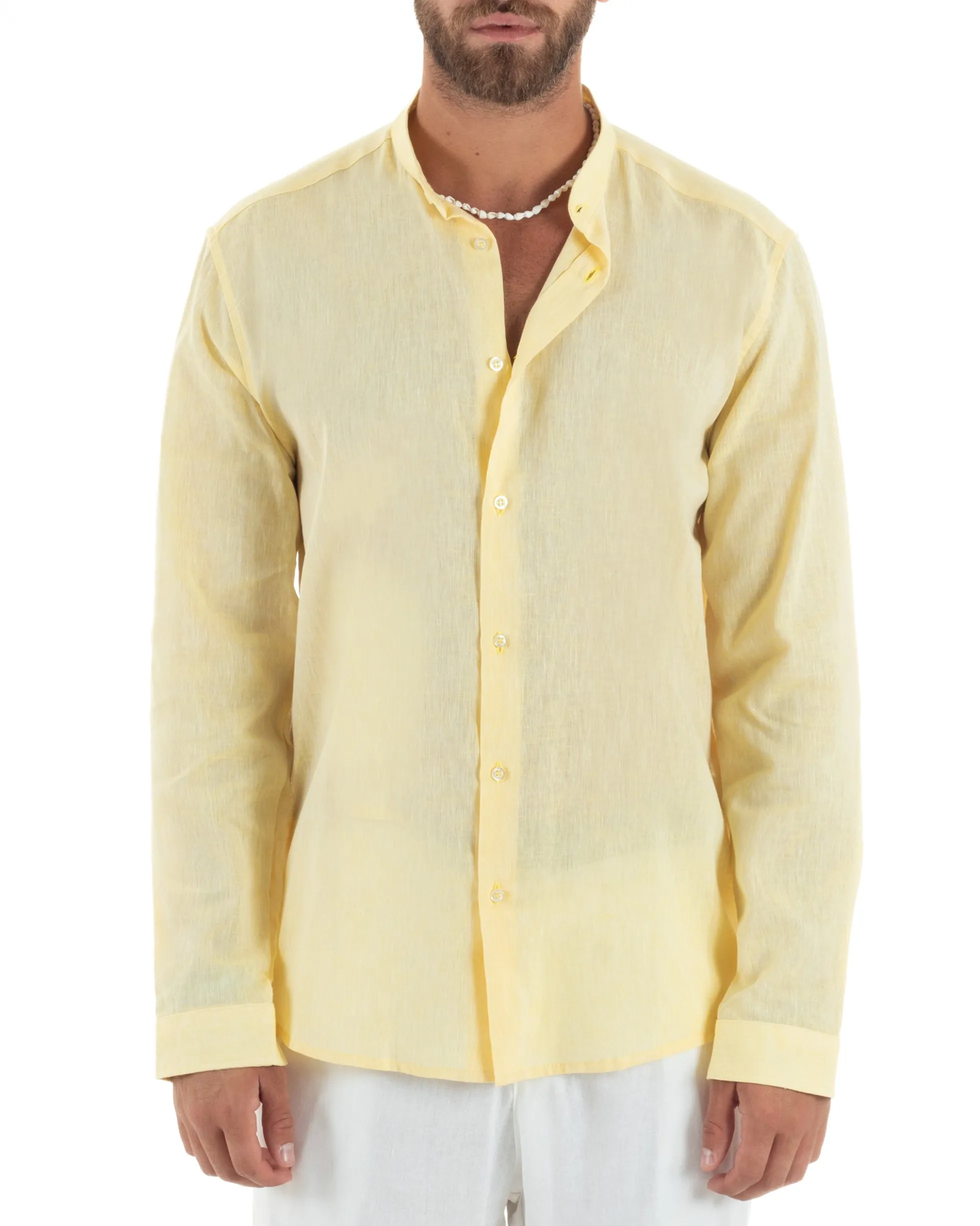 Camicia Uomo Lino Sartoriale Collo Coreano Melangiata Giallo C3007A