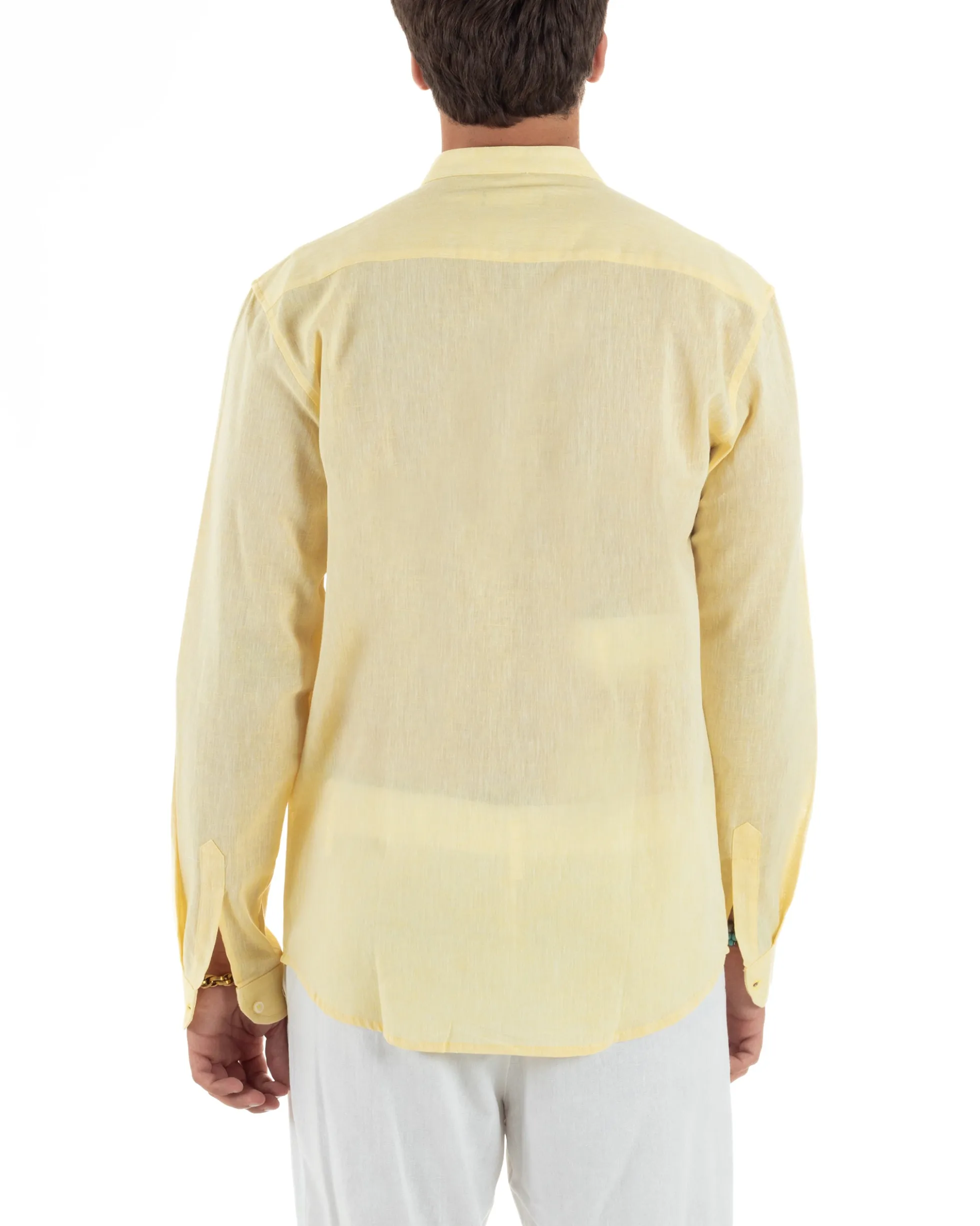 Camicia Uomo Lino Sartoriale Collo Coreano Melangiata Giallo C3007A