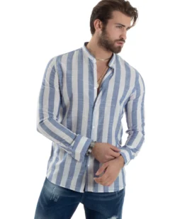 Camicia Uomo Manica Lunga A Righe Lino Collo Coreano Regular Fit Riga Larga Blu GIOSAL-C2861A