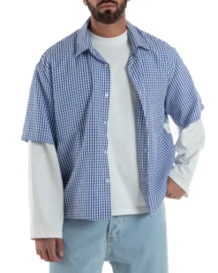 Camicia uomo maniche corte crop boxy fit quadri stampa retro blu GIOSAL-CC1228A