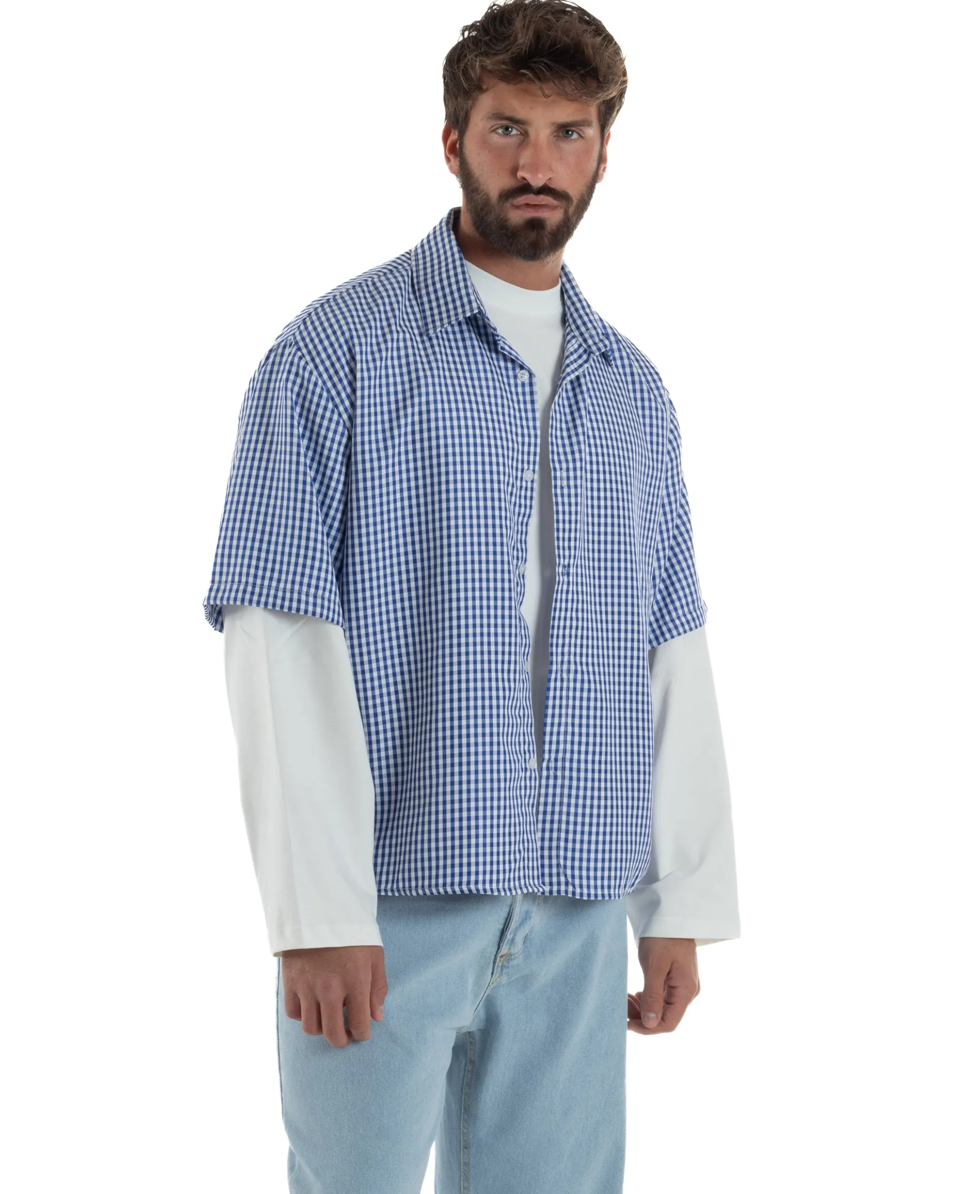 Camicia uomo maniche corte crop boxy fit quadri stampa retro blu GIOSAL-CC1228A
