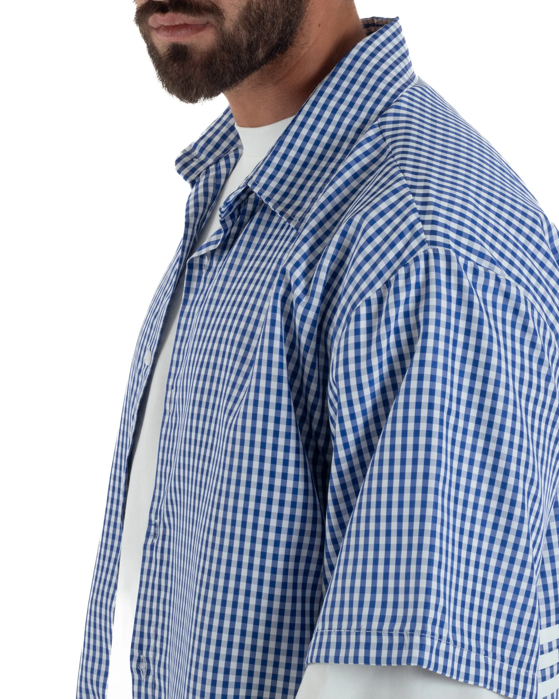Camicia uomo maniche corte crop boxy fit quadri stampa retro blu GIOSAL-CC1228A