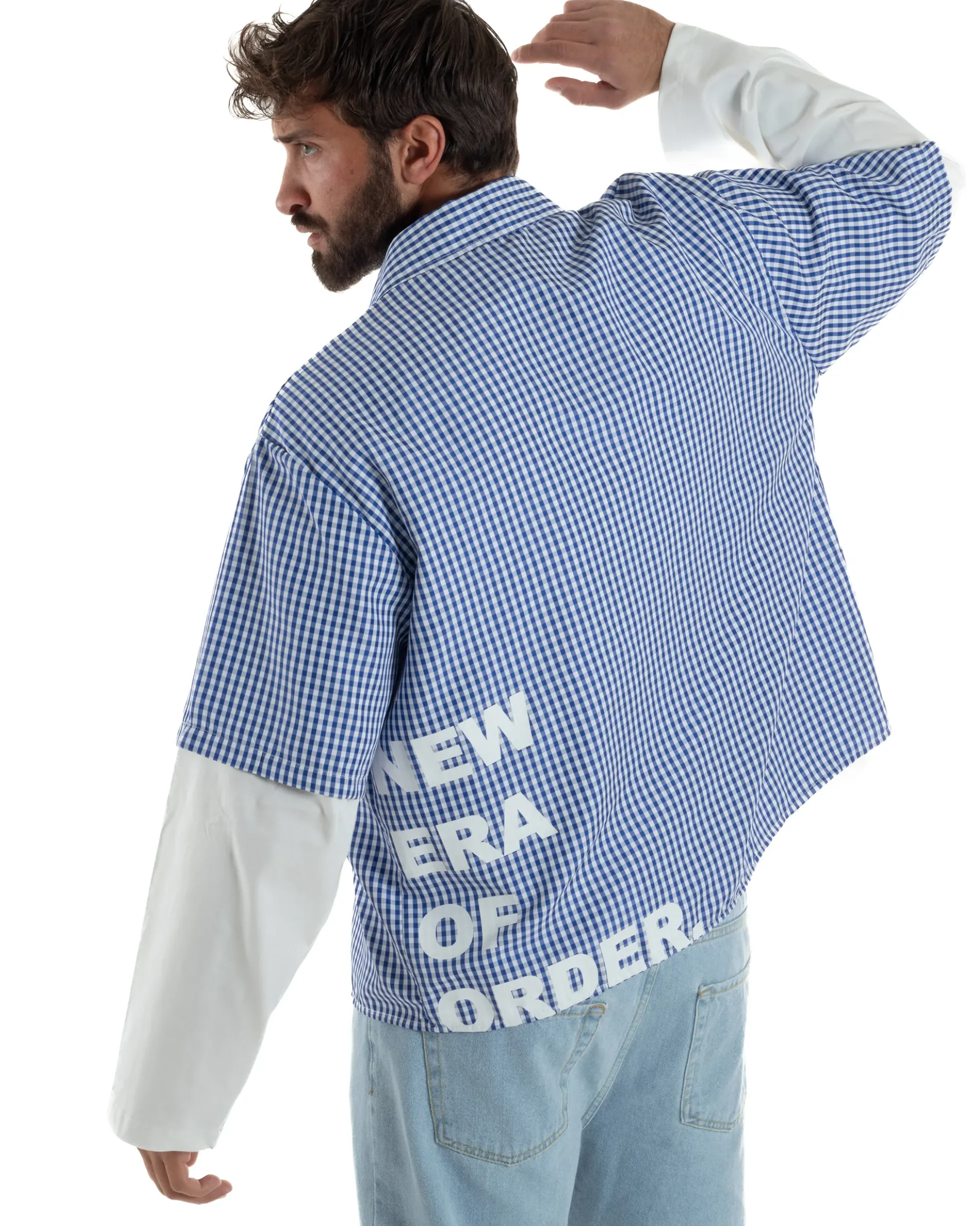 Camicia uomo maniche corte crop boxy fit quadri stampa retro blu GIOSAL-CC1228A