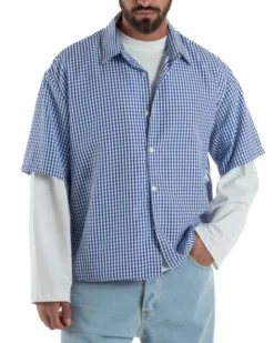 Camicia uomo maniche corte crop boxy fit quadri stampa retro blu GIOSAL-CC1228A