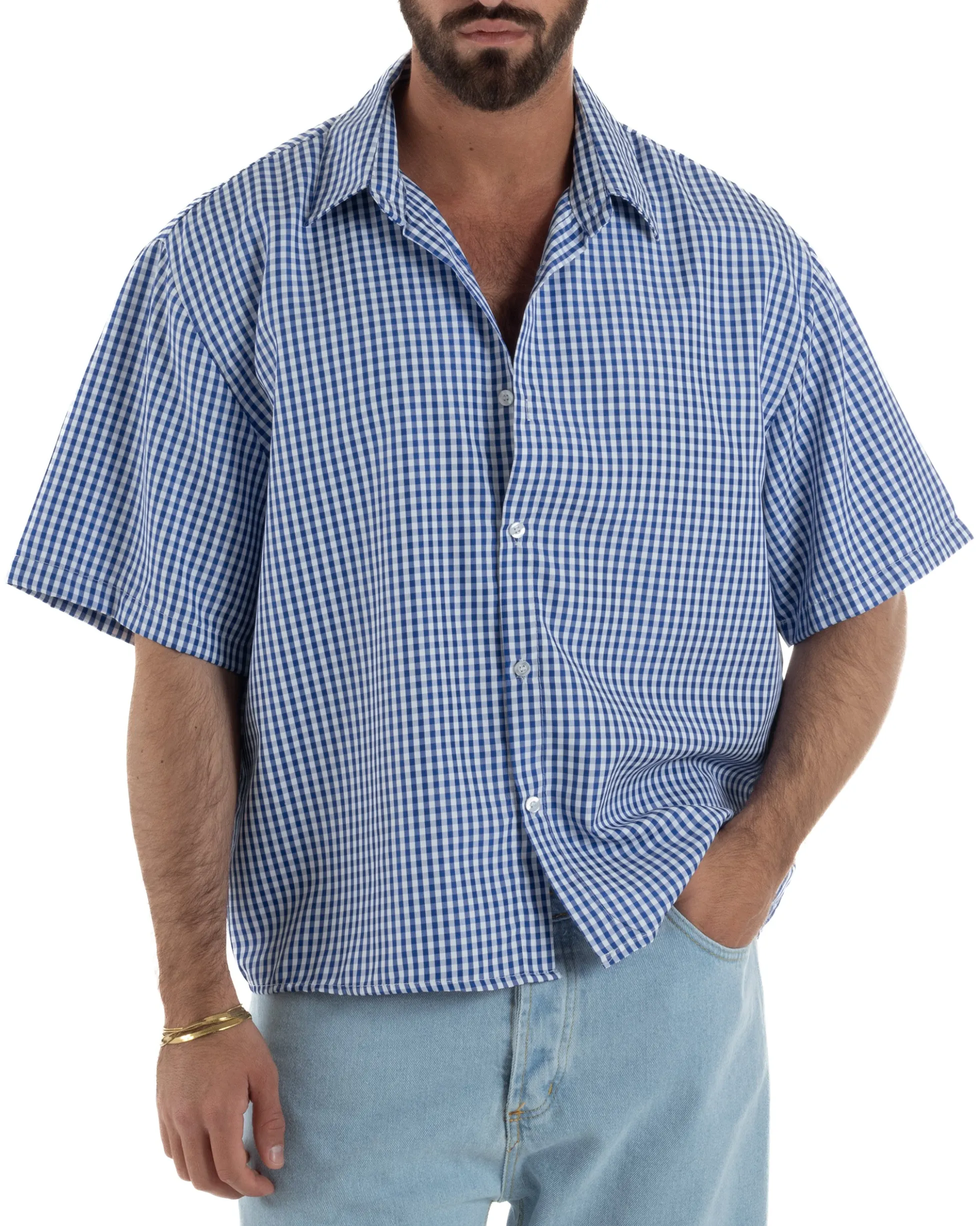 Camicia uomo maniche corte crop boxy fit quadri stampa retro blu GIOSAL-CC1228A