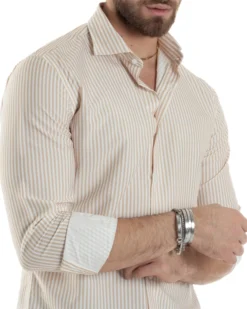Camicia Uomo Maniche Lunghe Collo Francese Con Colletto Viscosa Regular Fit Riga Stretta Beige GIOSAL-C2856A