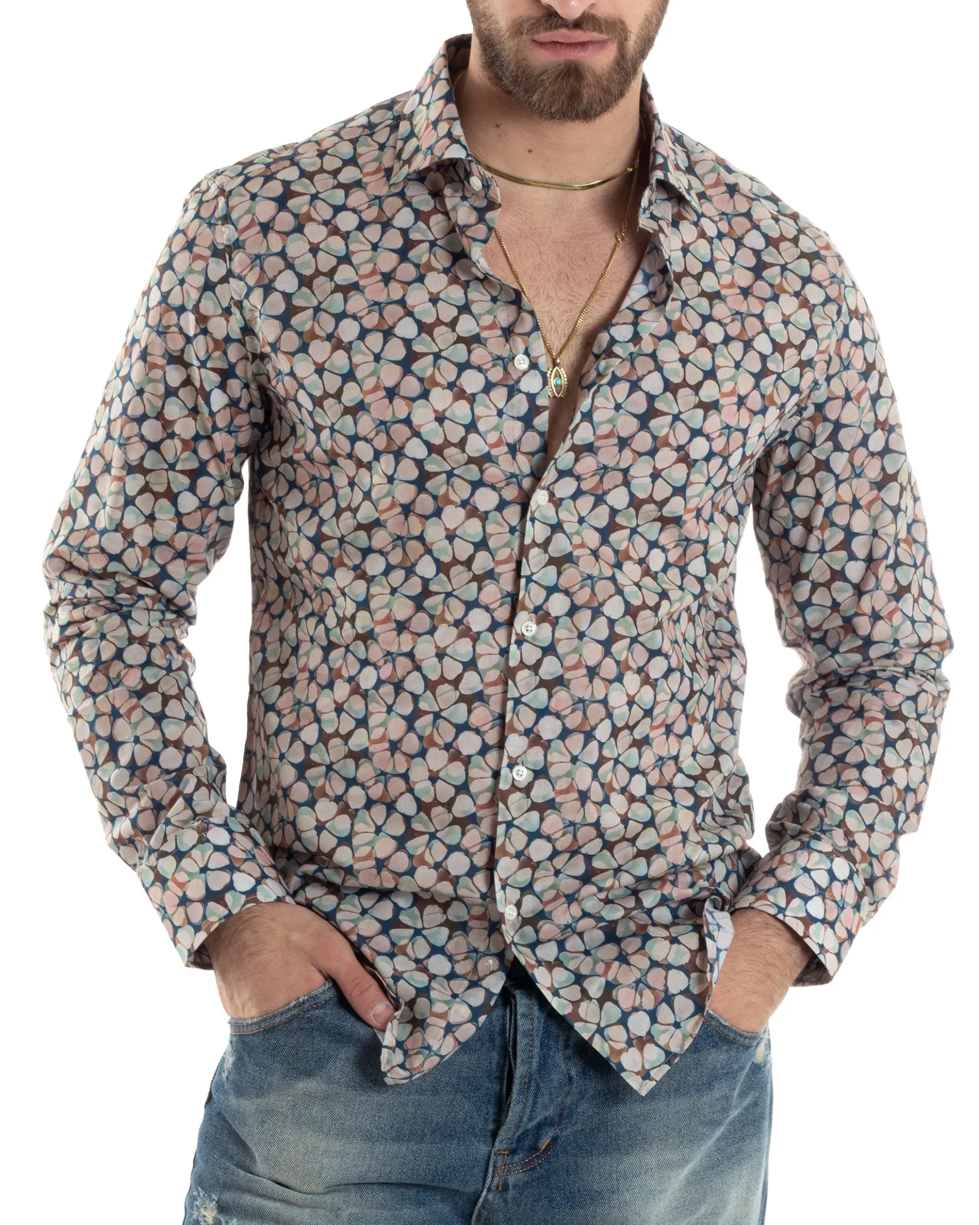 Camicia Uomo Maniche Lunghe Collo Francese Con Colletto Slim Fit Multicolore Fantasia Floreale GIOSAL-C2845A