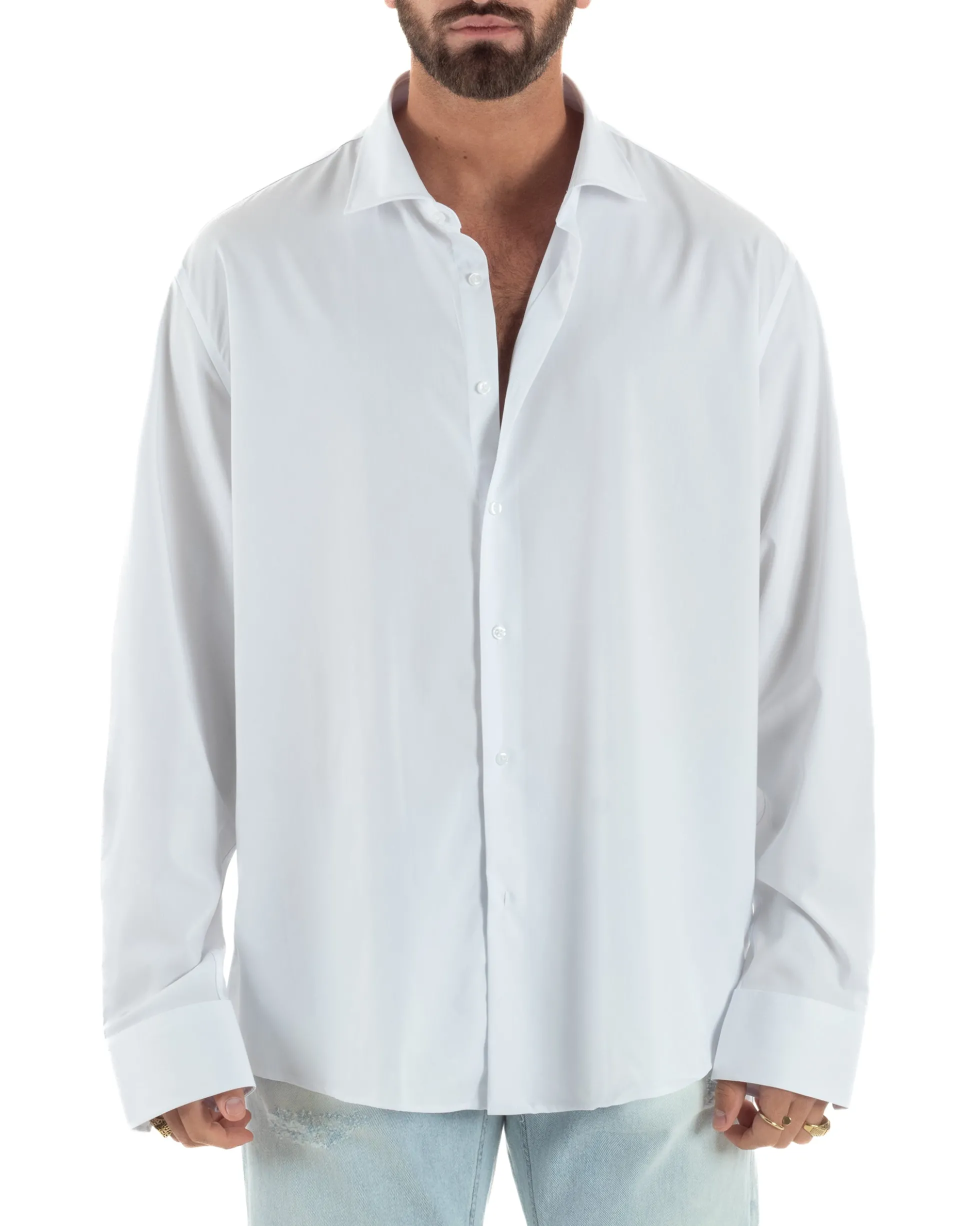 Camicia uomo oversize cotone loose fit collo francese bianco GIOSAL-C3074A
