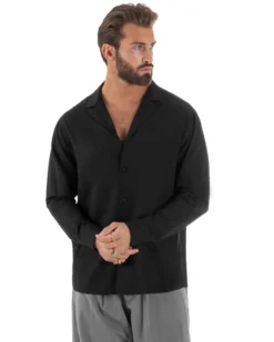 Camicia uomo oversize lino collo bowling relaxed fit scollo v nero BERNA M-261223