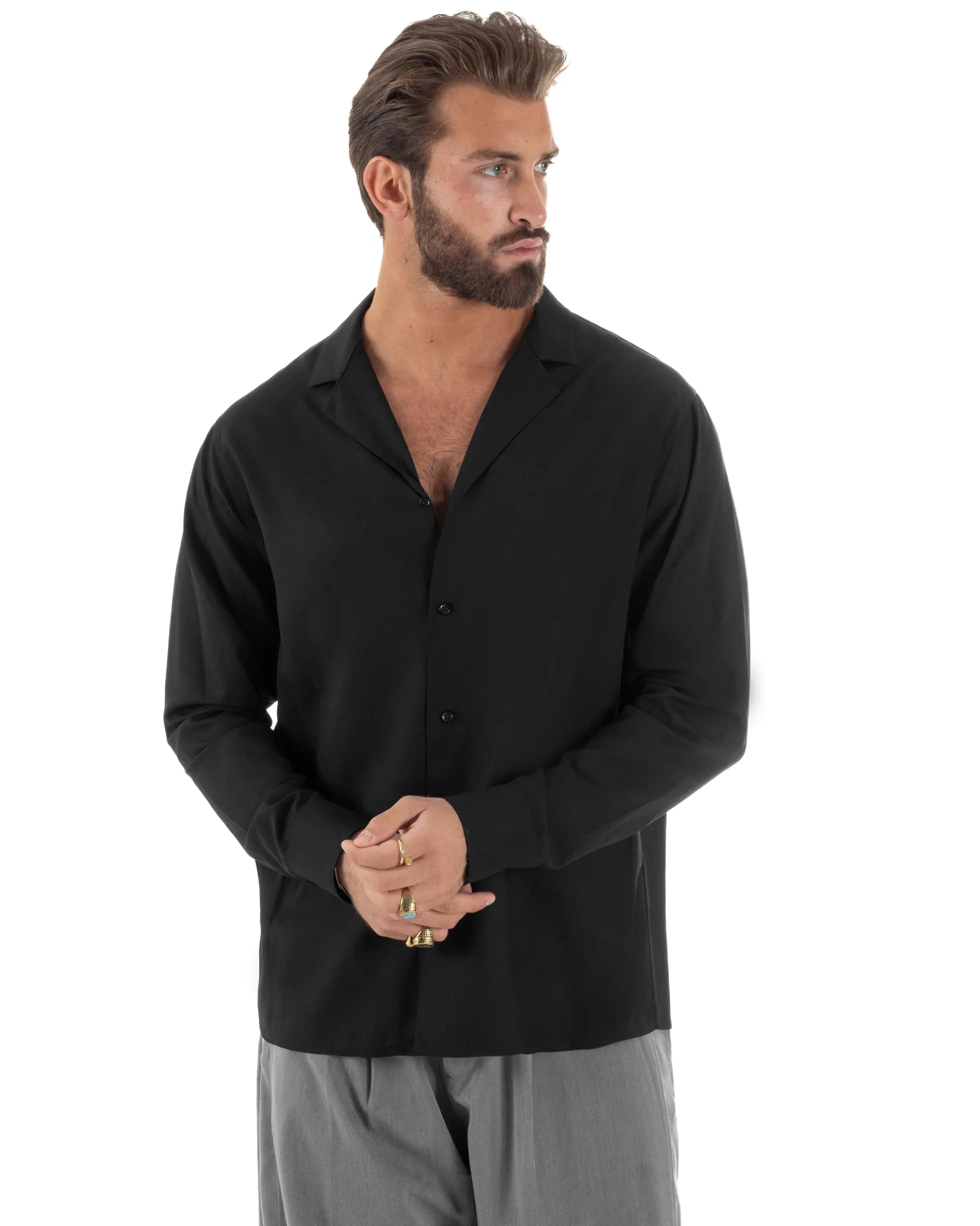 Camicia uomo oversize lino collo bowling relaxed fit scollo v nero BERNA M-261223