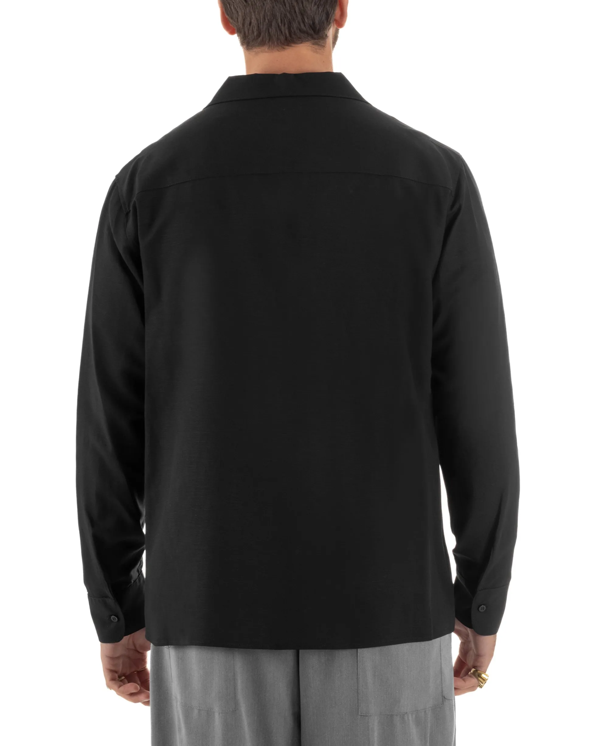 Camicia uomo oversize lino collo bowling relaxed fit scollo v nero BERNA M-261223