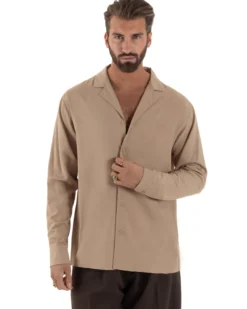 Camicia uomo oversize lino collo bowling relaxed fit scollo v camel BERNA M-261223