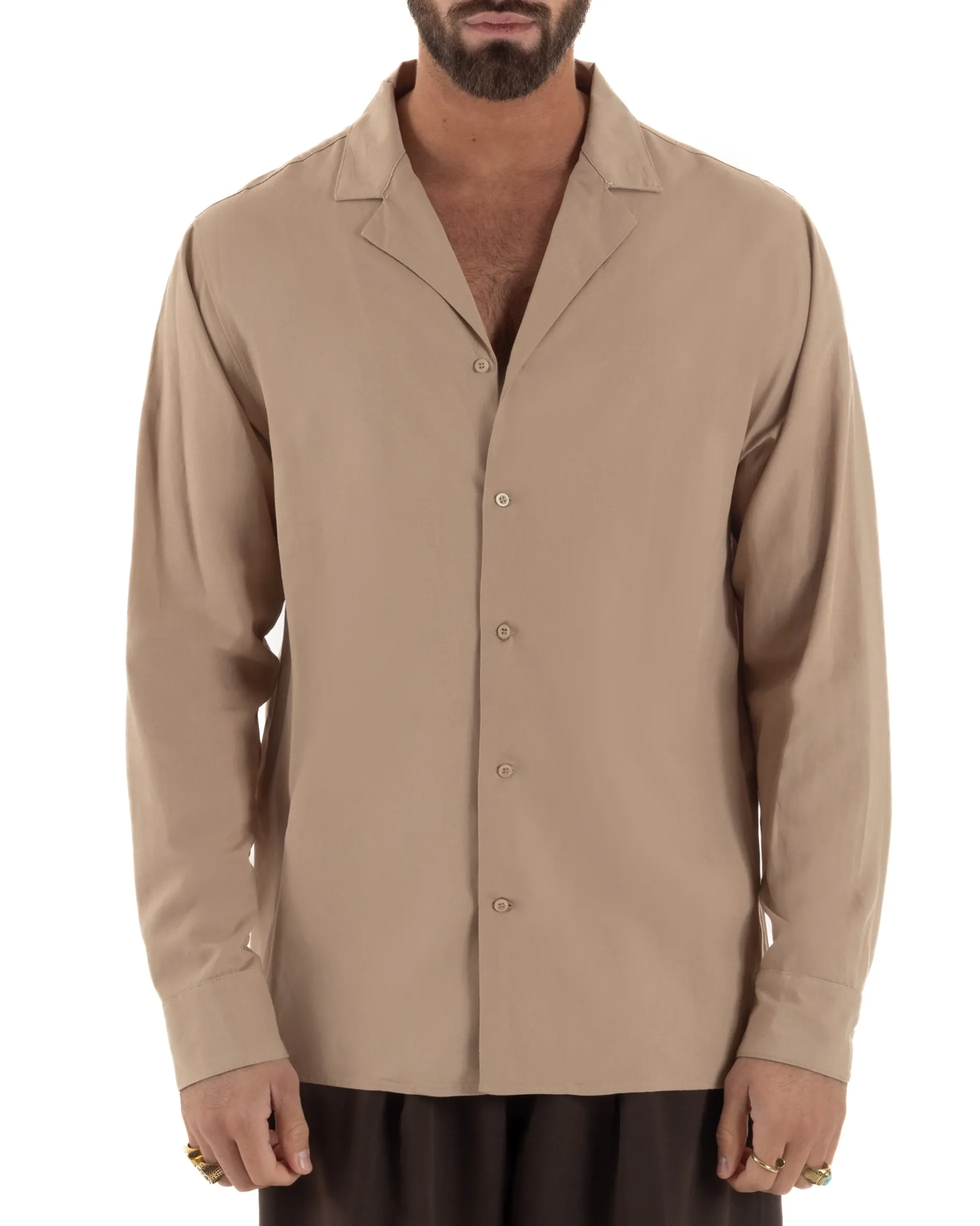 Camicia uomo oversize lino collo bowling relaxed fit scollo v camel BERNA M-261223