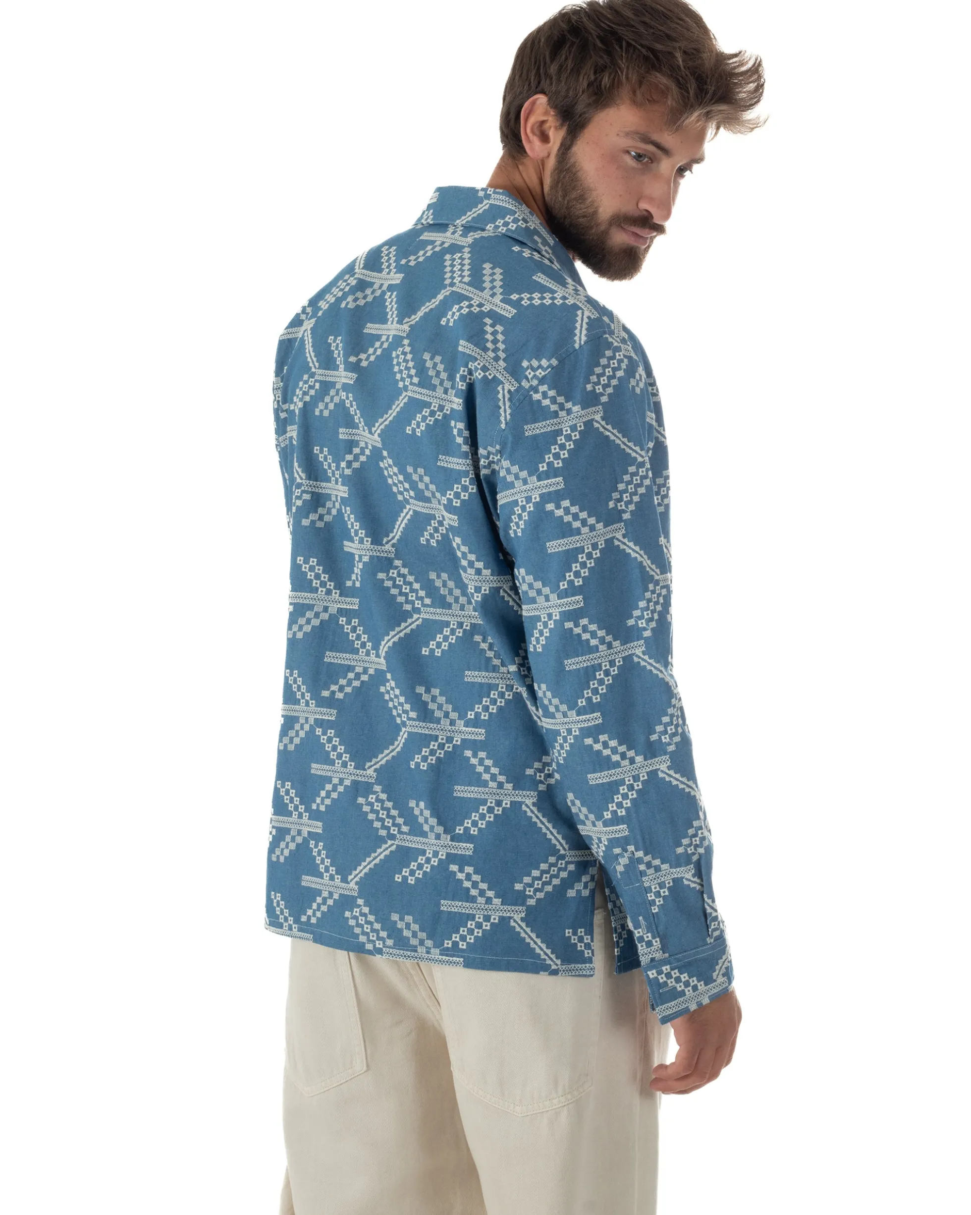 Camicia uomo ricamata allover colletto denim BERNA M-261369