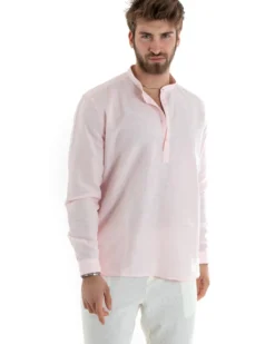 Camicia Uomo Serafino Casacca Manica Lunga Lino Tinta Unita Sartoriale Rosa GIOSAL-C2819A