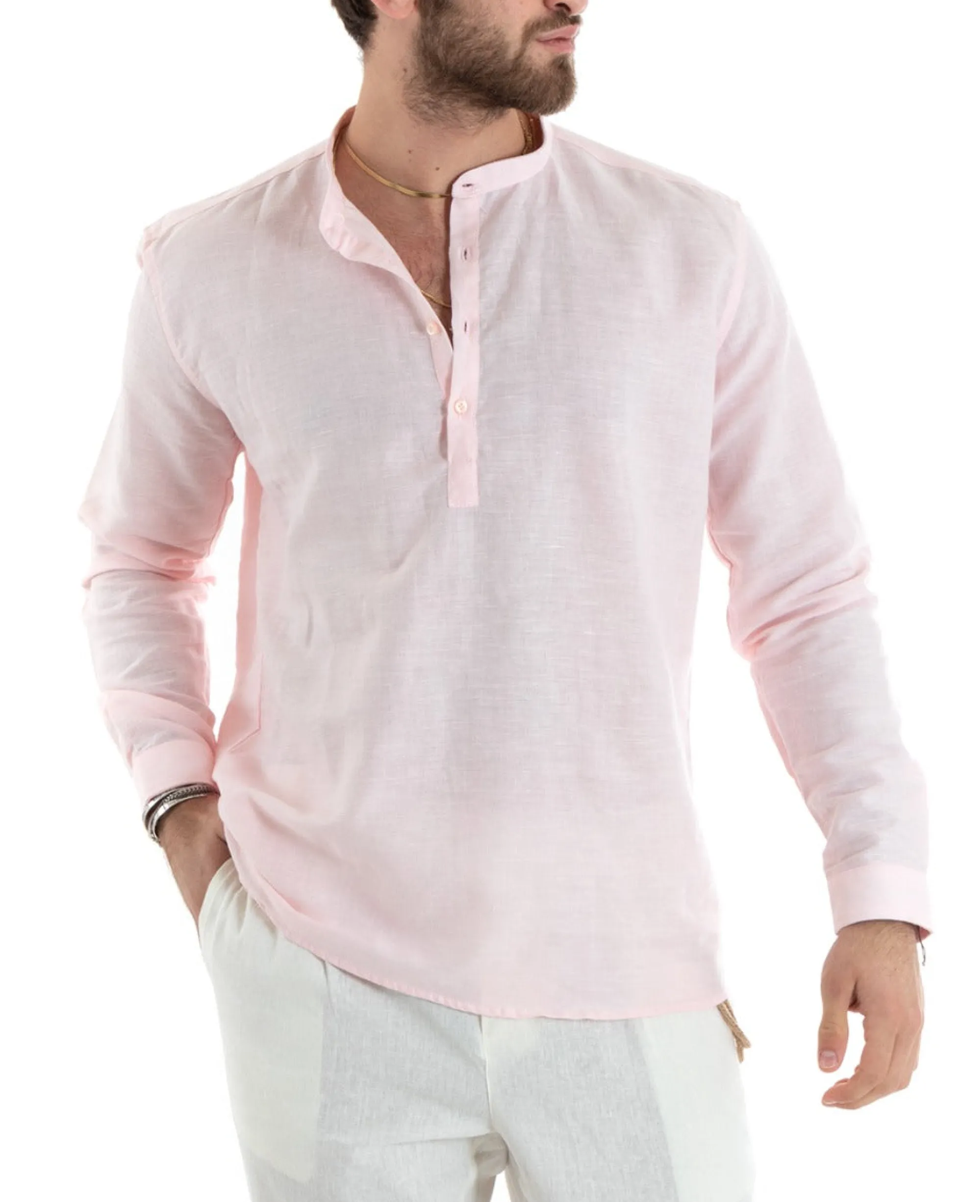 Camicia Uomo Serafino Casacca Manica Lunga Lino Tinta Unita Sartoriale Rosa GIOSAL-C2819A