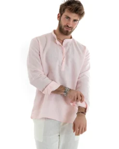 Camicia Uomo Serafino Casacca Manica Lunga Lino Tinta Unita Sartoriale Rosa GIOSAL-C2819A