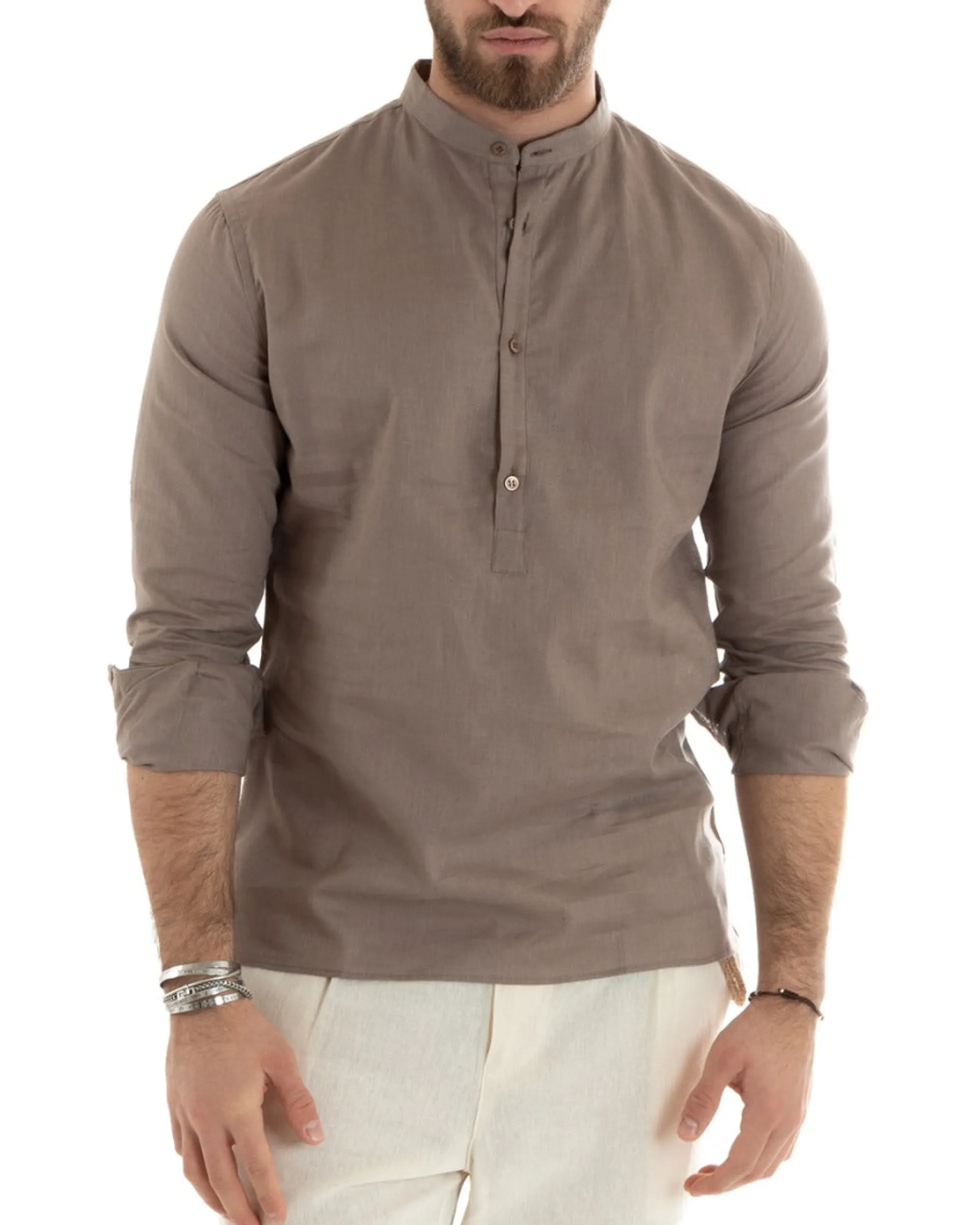 Camicia Uomo Serafino Casacca Maniche Lunghe Lino Tinta Unita Sartoriale Fango GIOSAL-C2807A