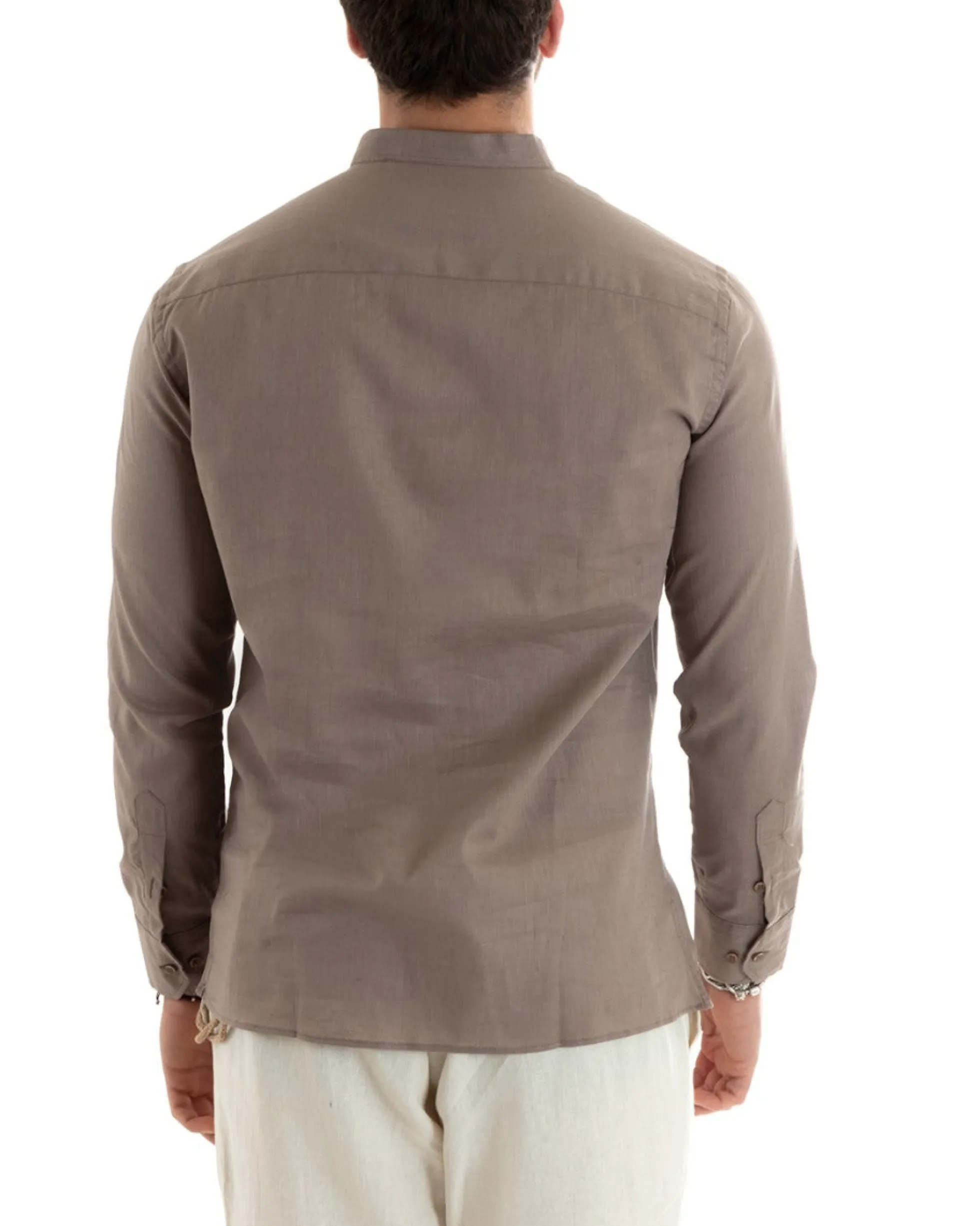 Camicia Uomo Serafino Casacca Maniche Lunghe Lino Tinta Unita Sartoriale Fango GIOSAL-C2807A