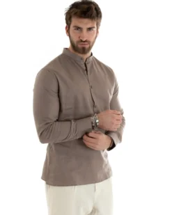 Camicia Uomo Serafino Casacca Maniche Lunghe Lino Tinta Unita Sartoriale Fango GIOSAL-C2807A
