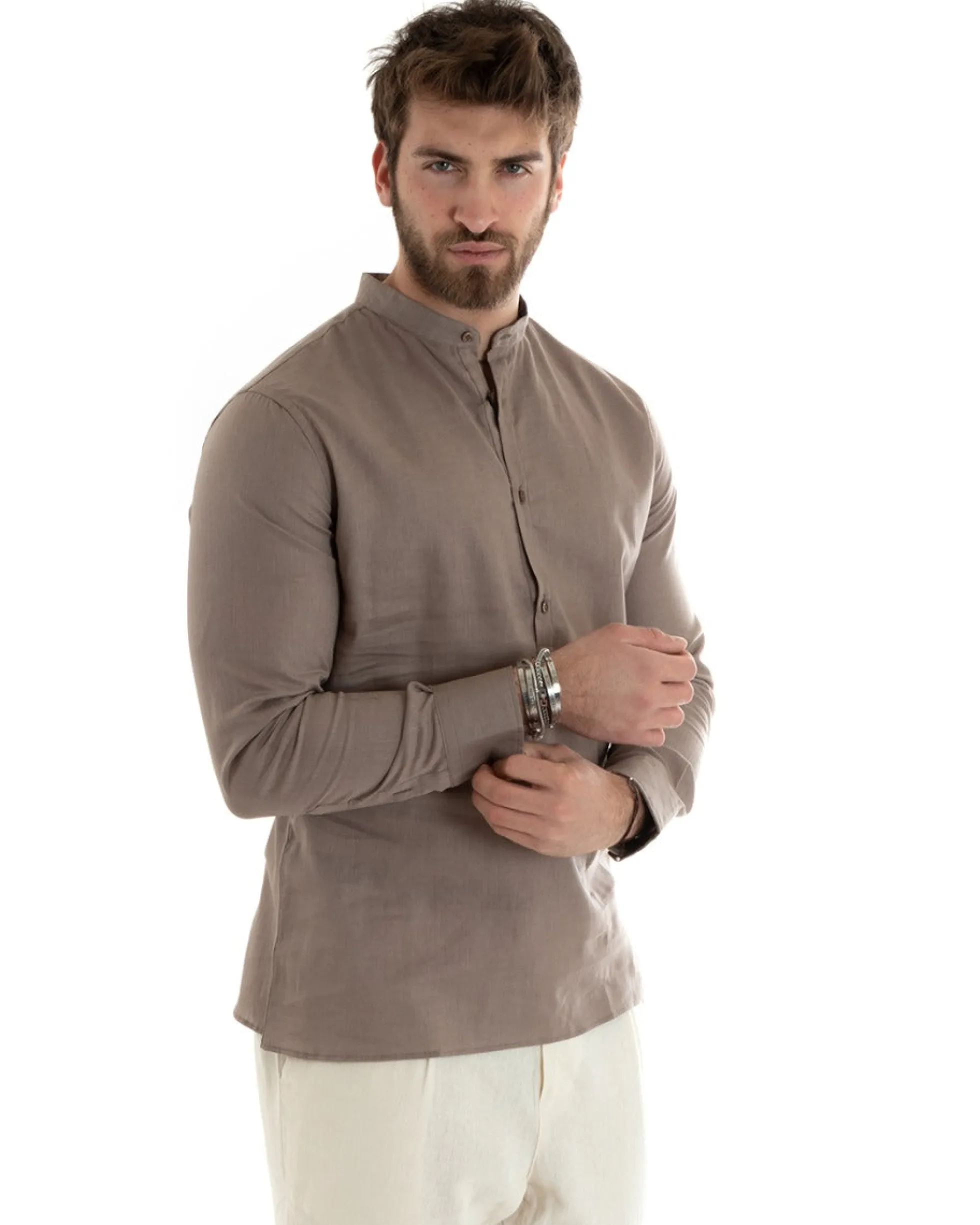 Camicia Uomo Serafino Casacca Maniche Lunghe Lino Tinta Unita Sartoriale Fango GIOSAL-C2807A