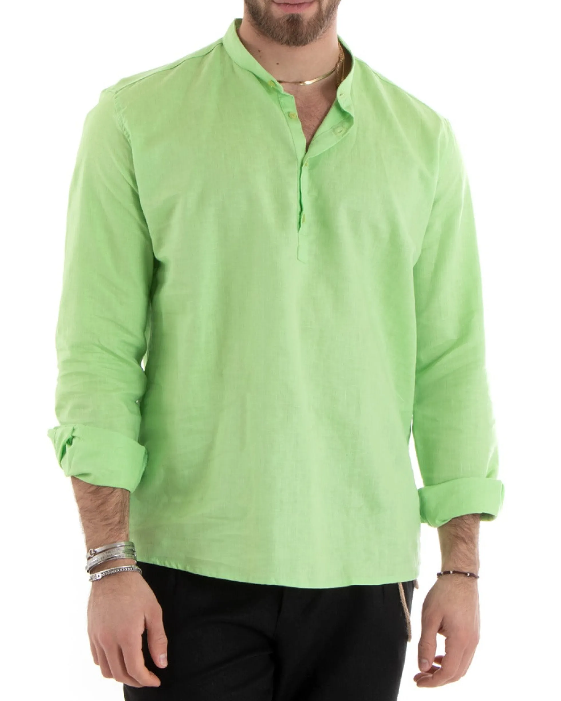 Camicia Uomo Serafino Casacca Maniche Lunghe Lino Tinta Unita Sartoriale Verde Acido GIOSAL-C2812A