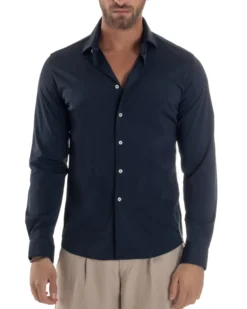 Camicia Uomo Tessuto No Stiro Basic Colletto Semi-Francese Slim Fit Morbida Blu C2963A