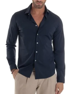 Camicia Uomo Tessuto No Stiro Basic Colletto Semi-Francese Slim Fit Morbida Blu C2963A