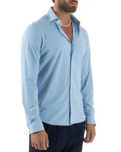 Camicia Uomo Tessuto No Stiro Basic Colletto Semi-Francese Slim Fit Morbida Celeste C2992A