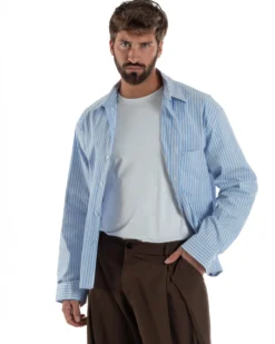 Camicia uomo unisex crop long sleeve boxy fit rigata celeste GIOSAL-C3081A