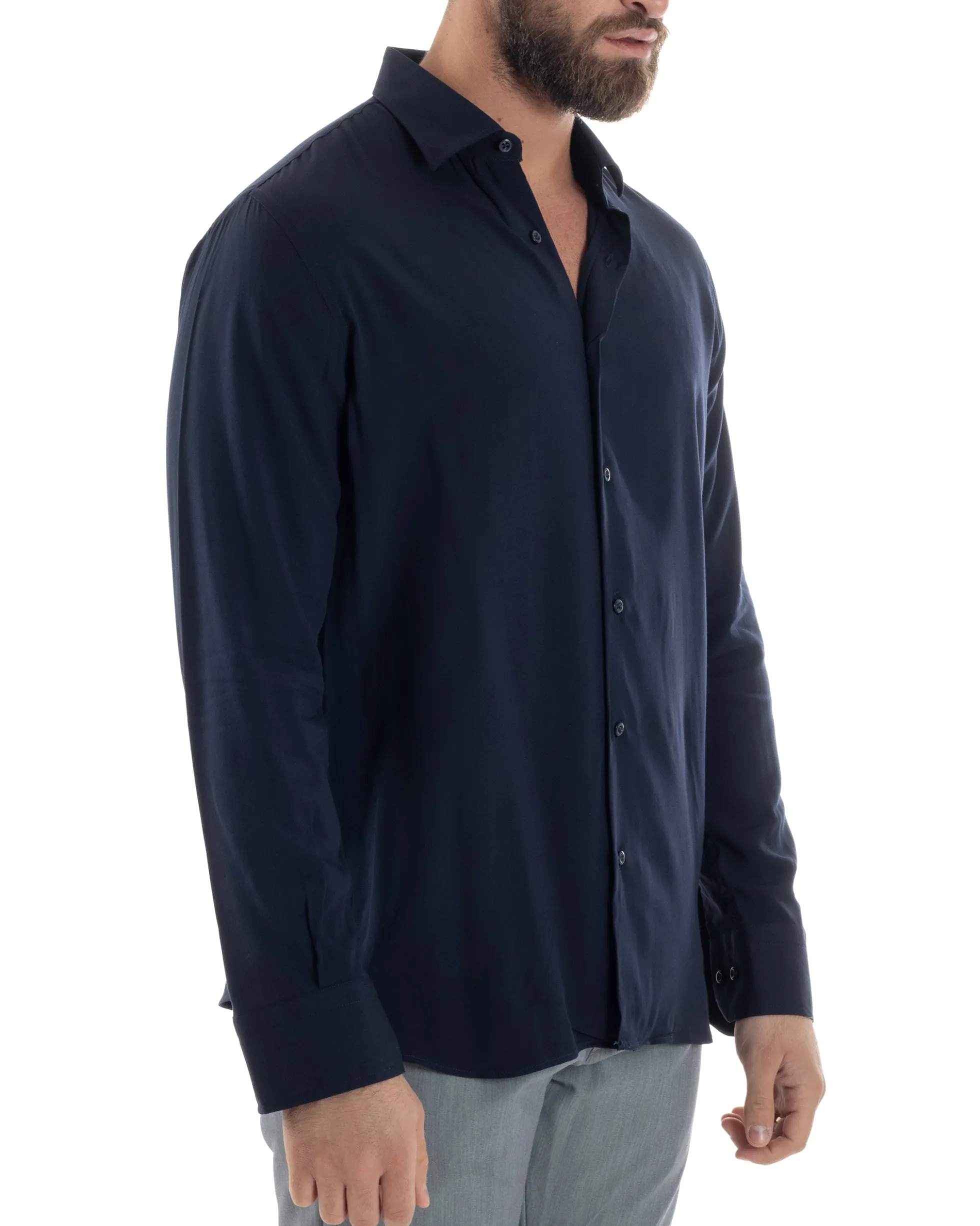 Camicia Uomo Viscosa Morbida Collo Francese Sartoriale Relaxed Fit Blu C2924A