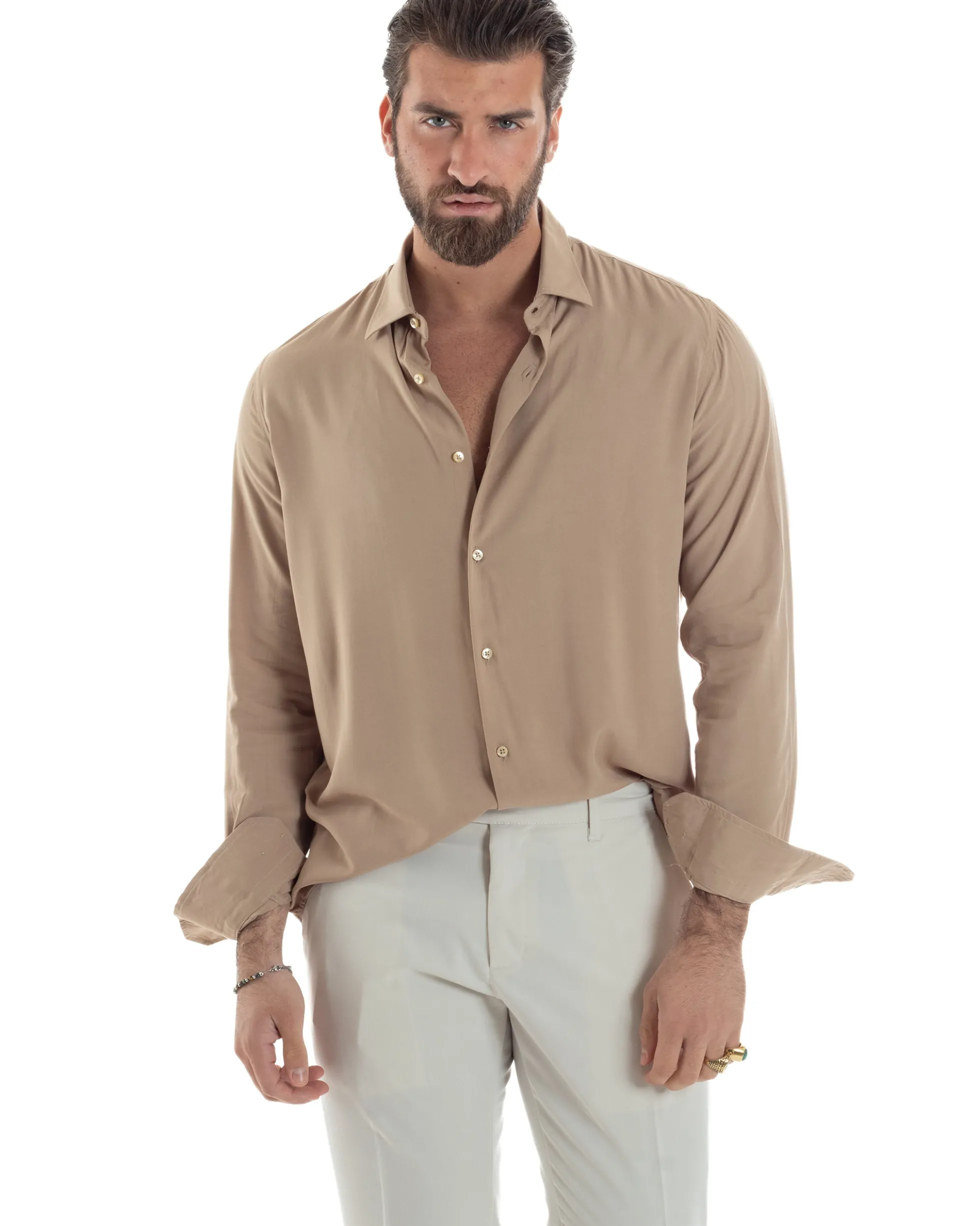 Camicia Uomo Viscosa Morbida Collo Francese Sartoriale Relaxed Fit Beige C2925A