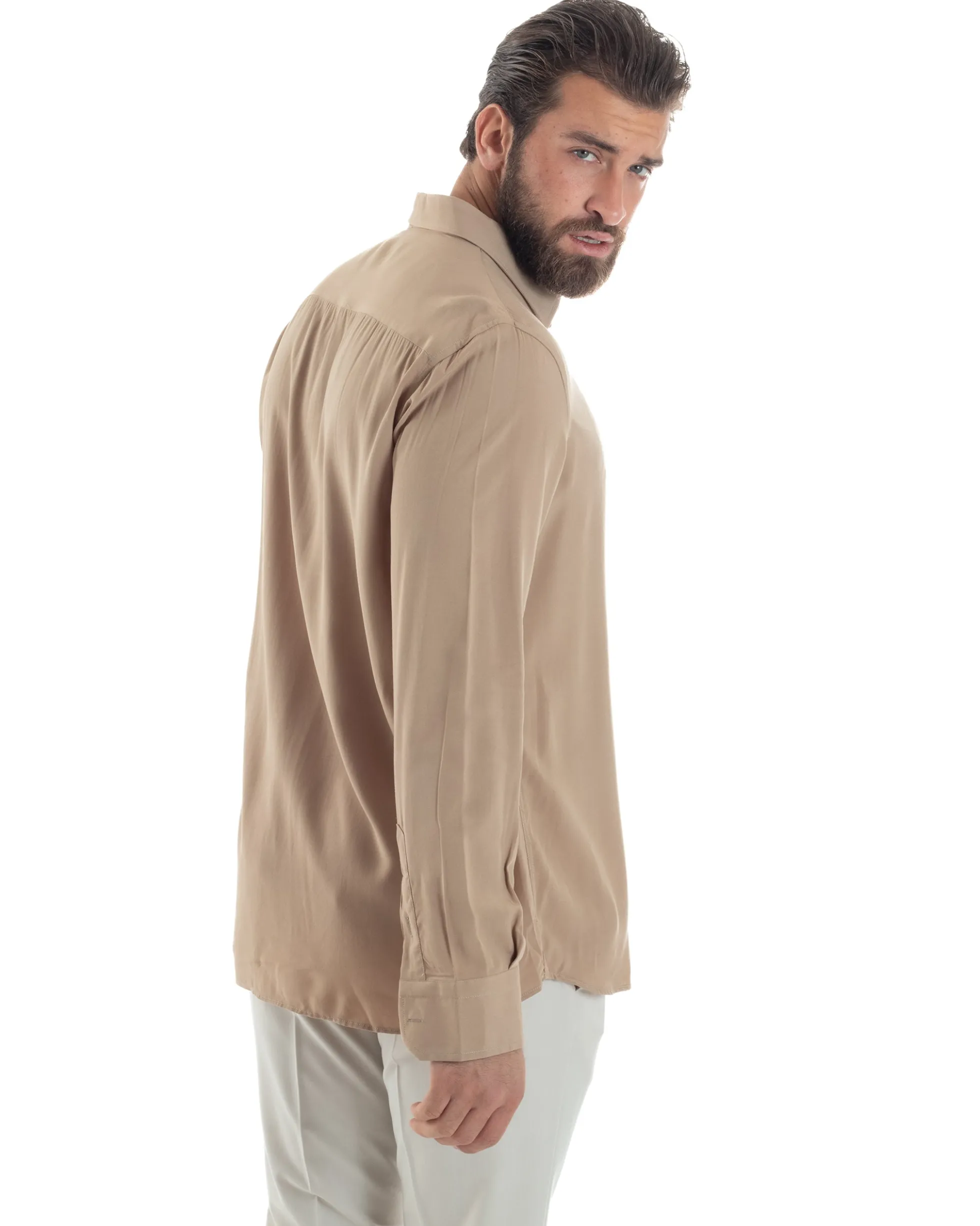 Camicia Uomo Viscosa Morbida Collo Francese Sartoriale Relaxed Fit Beige C2925A