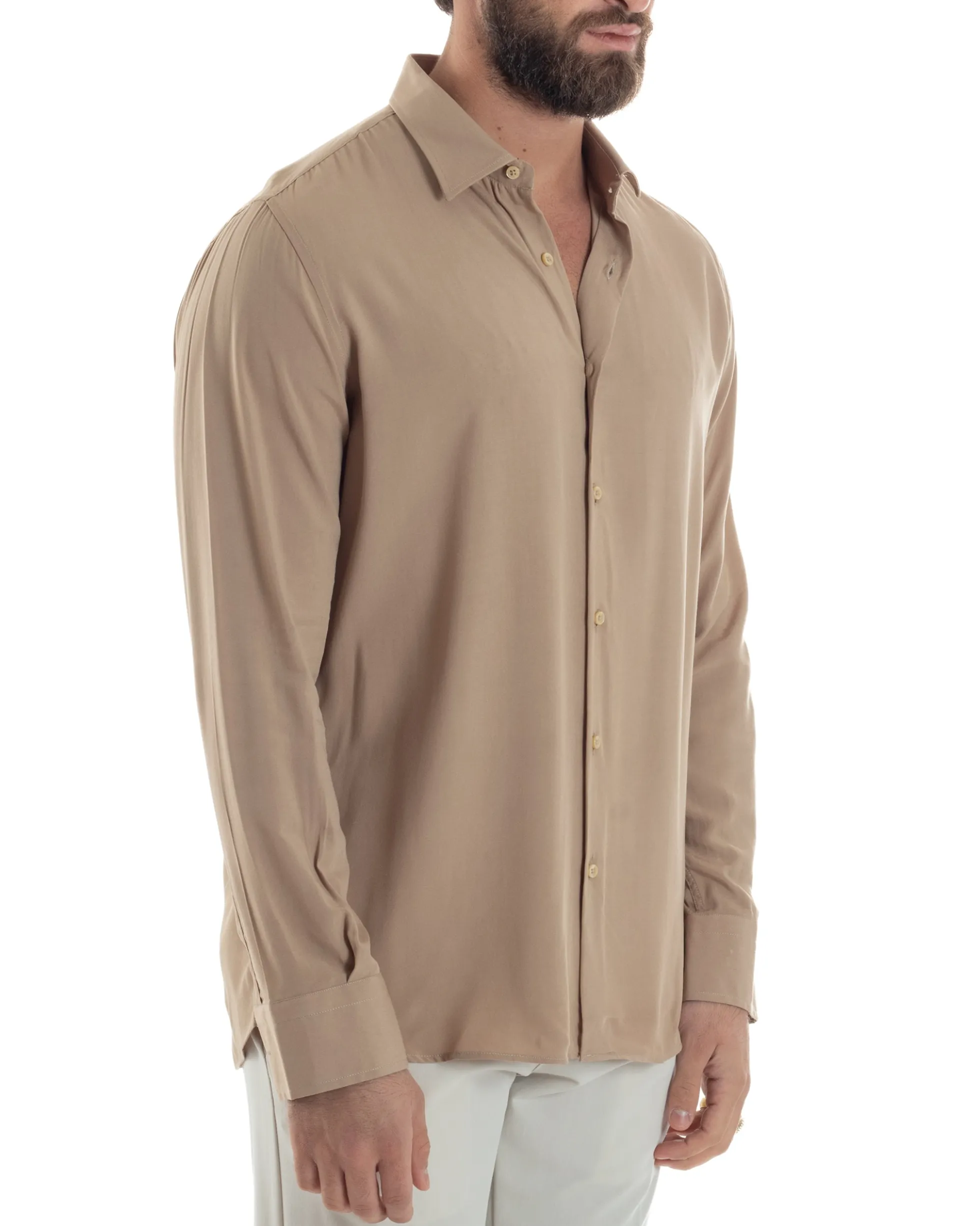 Camicia Uomo Viscosa Morbida Collo Francese Sartoriale Relaxed Fit Beige C2925A