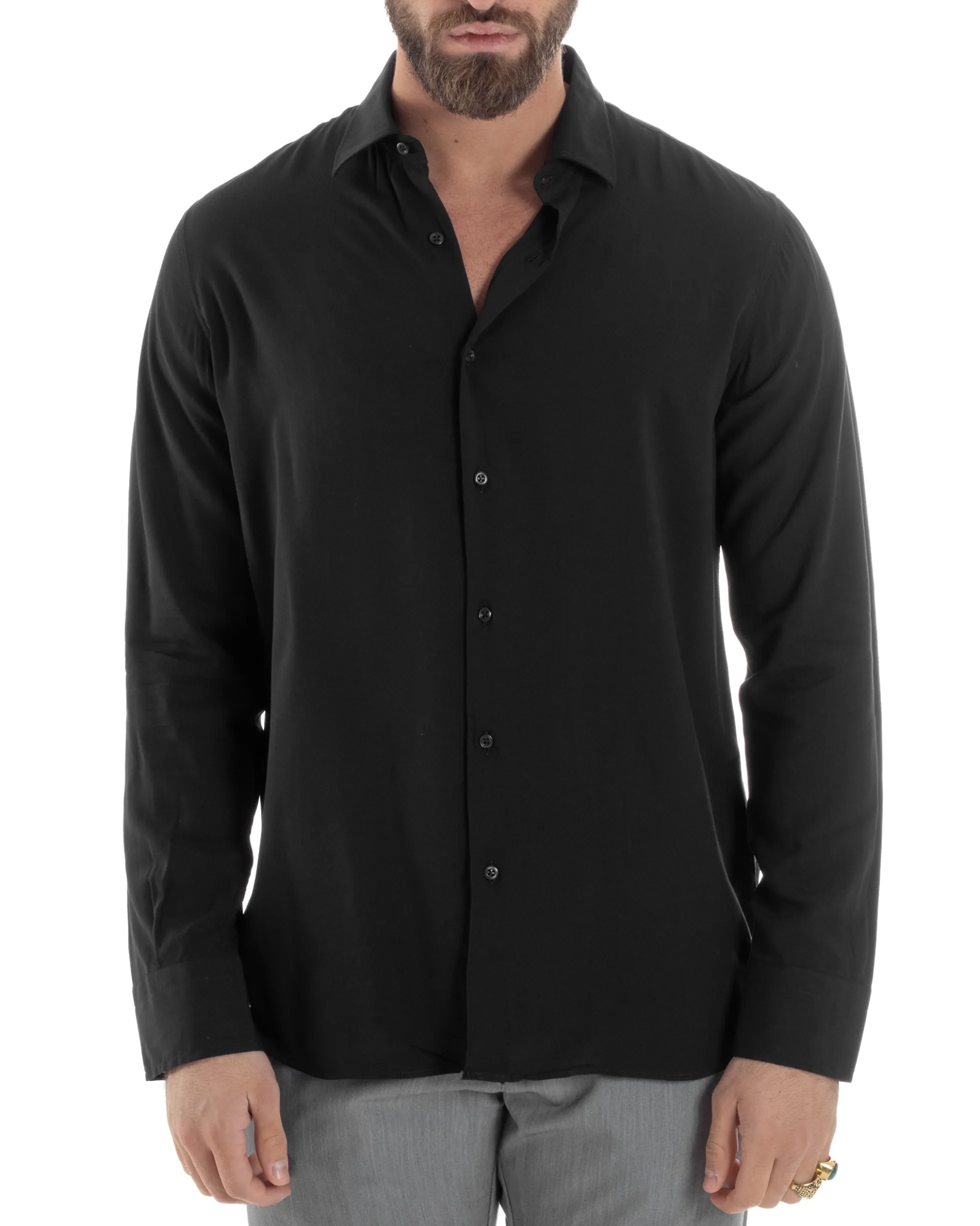 Camicia Uomo Viscosa Morbida Collo Francese Sartoriale Relaxed Fit Nero C2926A