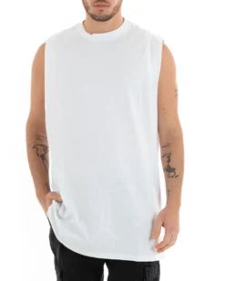 Canotta Uomo Basic Giromanica Lunga Casual Tinta Unita Bianca Girocollo GIOSAL-CN1076A
