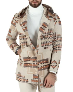 Cappotto Giacca Uomo Doppiopetto Giaccone Fantasia Etnica Beige Giubbotto GIOSAL-CO1032A