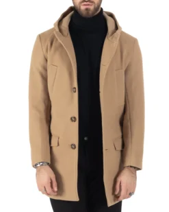 Cappotto Monopetto Uomo Giacca Giaccone Con Cappuccio Camel Baronetto Elegante GIOSAL-CO1006A
