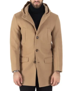 Cappotto Monopetto Uomo Giacca Giaccone Con Cappuccio Camel Baronetto Elegante GIOSAL-CO1006A