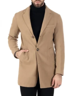 Cappotto Monopetto Uomo Giacca Colletto Rever Giaccone Tinta Unita Camel Baronetto Elegante GIOSAL-CO1001A