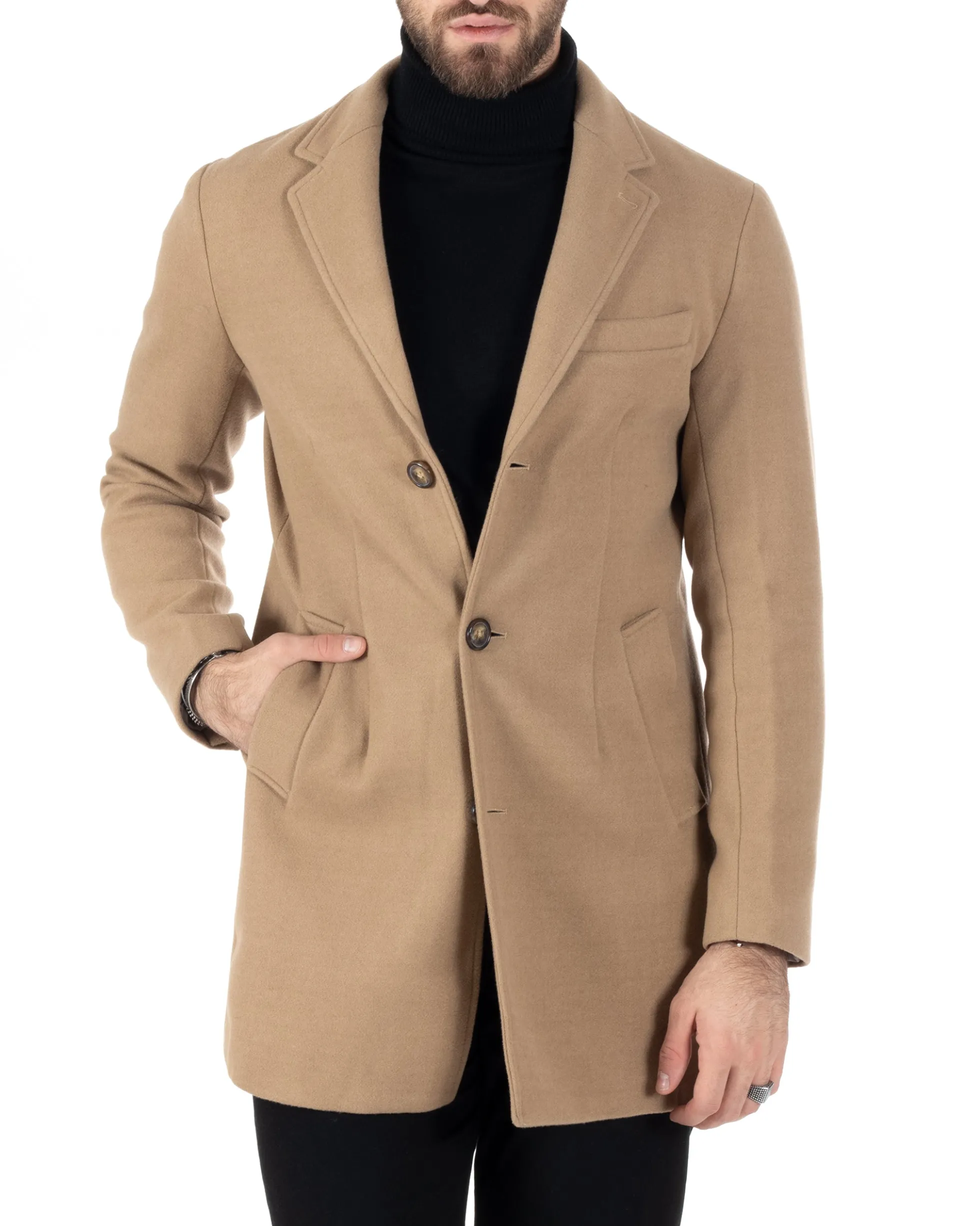Cappotto Monopetto Uomo Giacca Colletto Rever Giaccone Tinta Unita Camel Baronetto Elegante GIOSAL-CO1001A