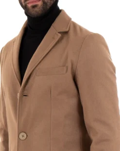 Cappotto Monopetto Uomo Giacca Colletto Rever Giaccone Tinta Unita Camel Baronetto Elegante GIOSAL-CO1022A