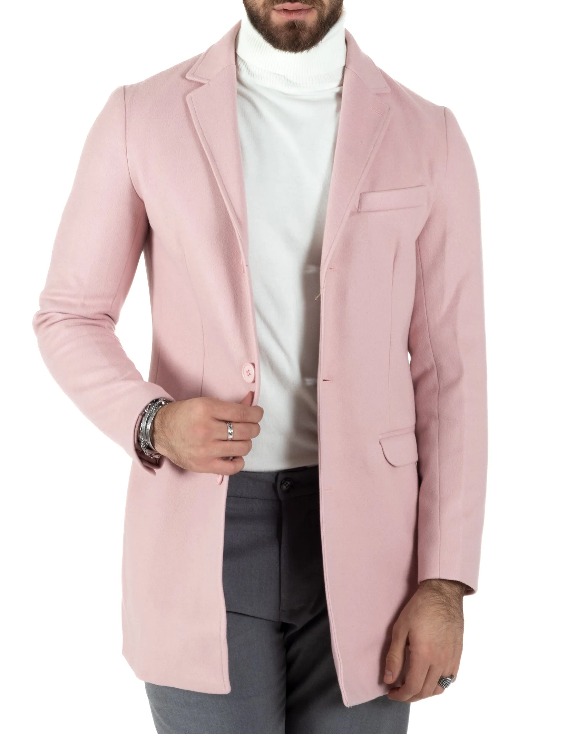 Cappotto Monopetto Uomo Giacca Colletto Rever Giaccone Tinta Unita Rosa Baronetto Elegante GIOSAL-CO1020A
